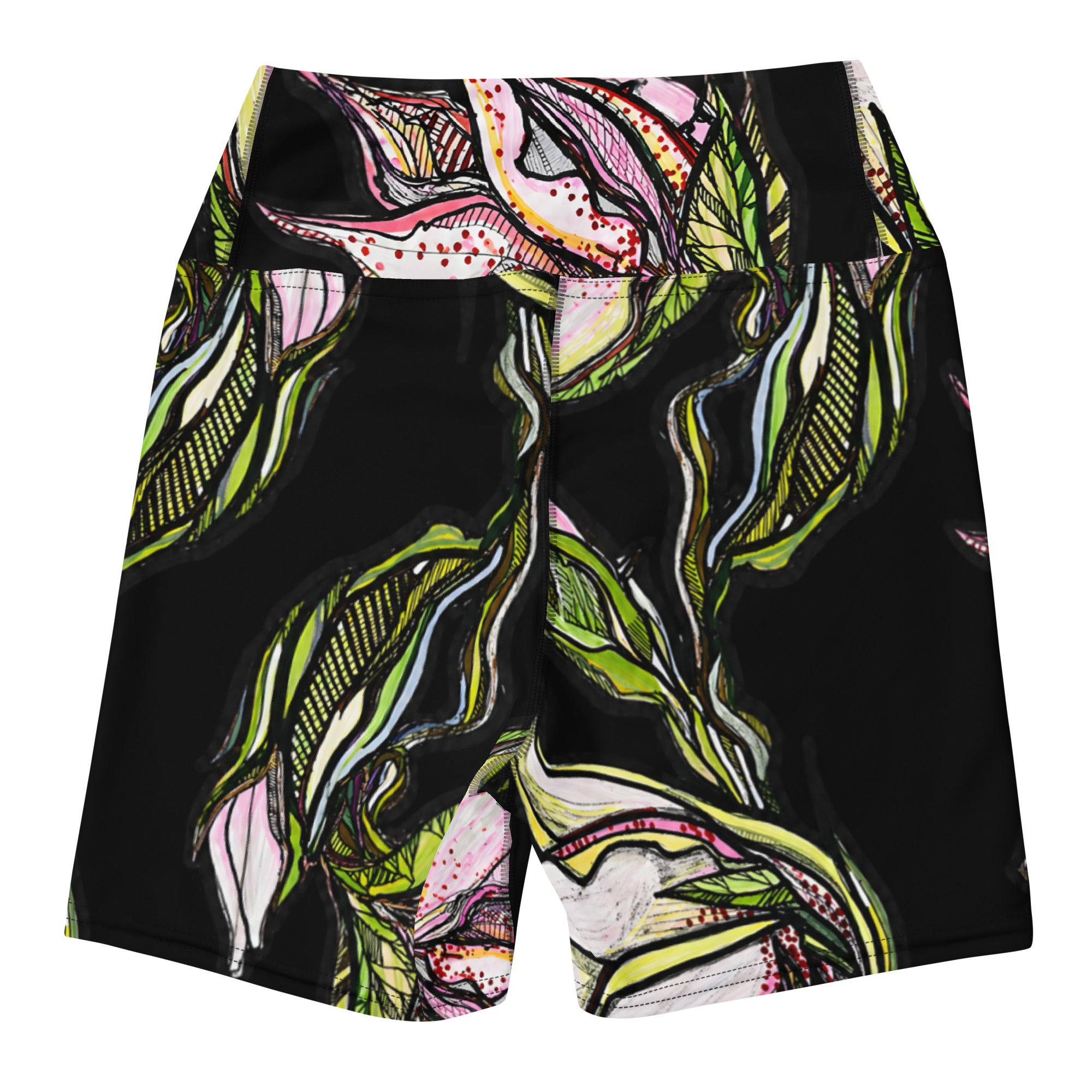 Lily Black Yoga Shorts model back — lily illustration on black stretch yoga shorts, Wild Lines Collection by Atme