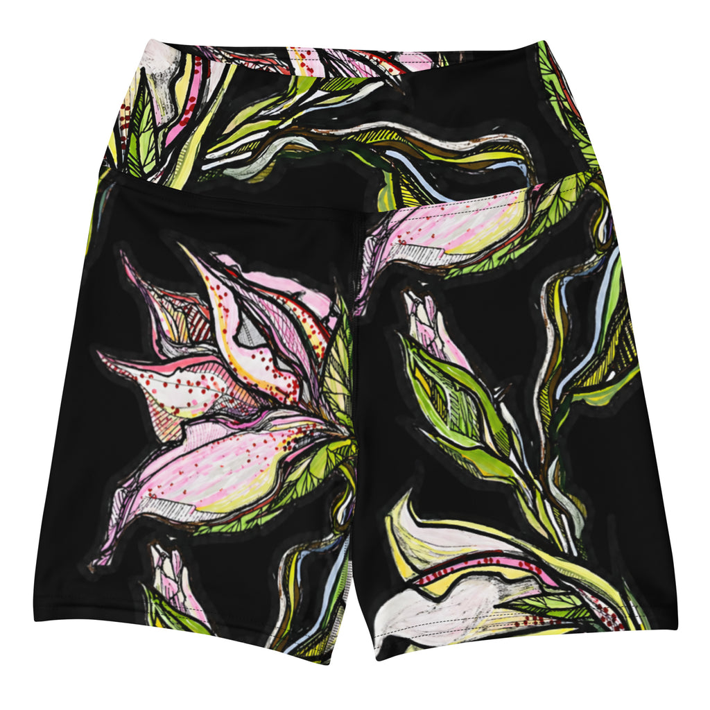 Lily Black Yoga Shorts model front — printed activewear shorts with high waistband, Wild Lines Collection by Atme