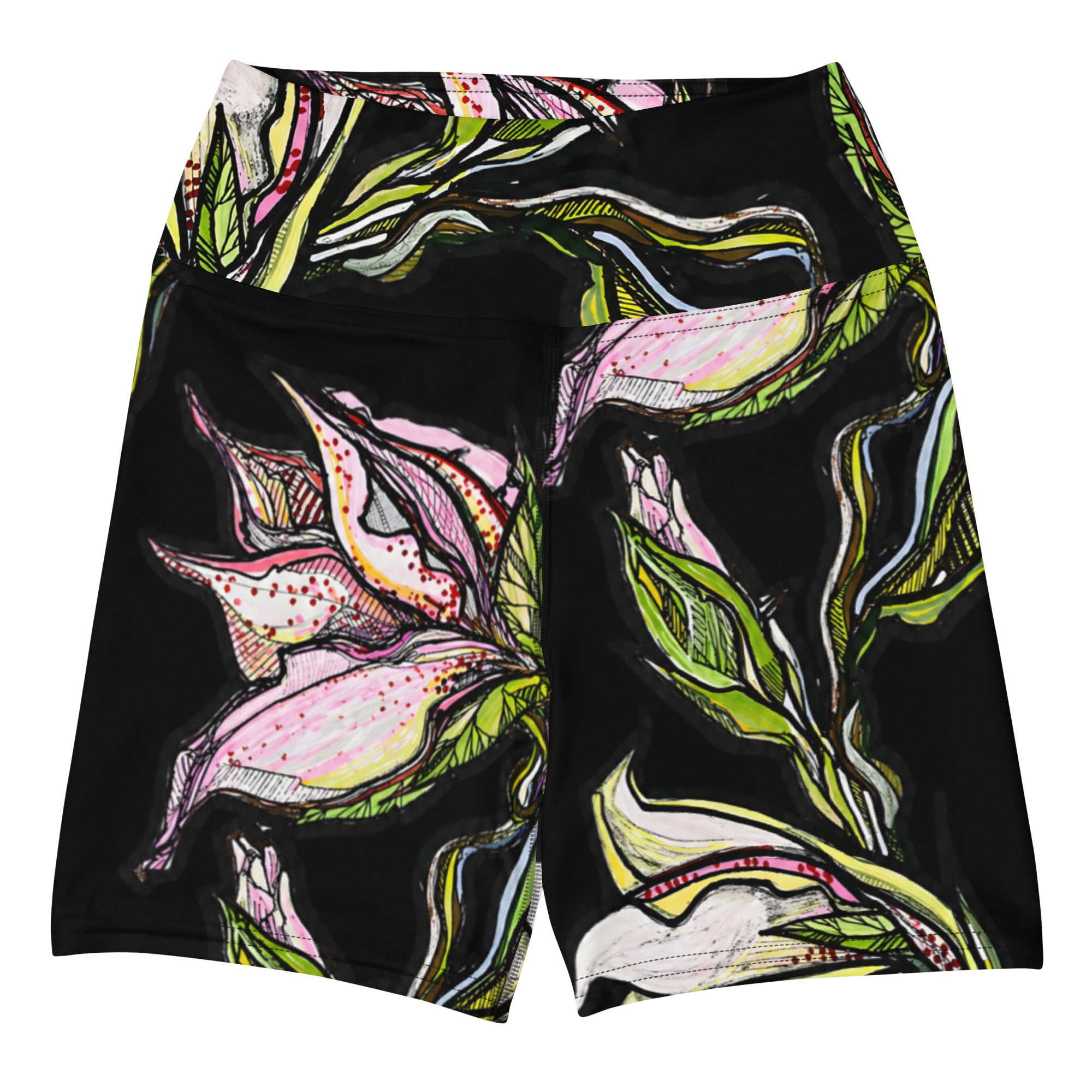 Lily Black Yoga Shorts model front — printed activewear shorts with high waistband, Wild Lines Collection by Atme