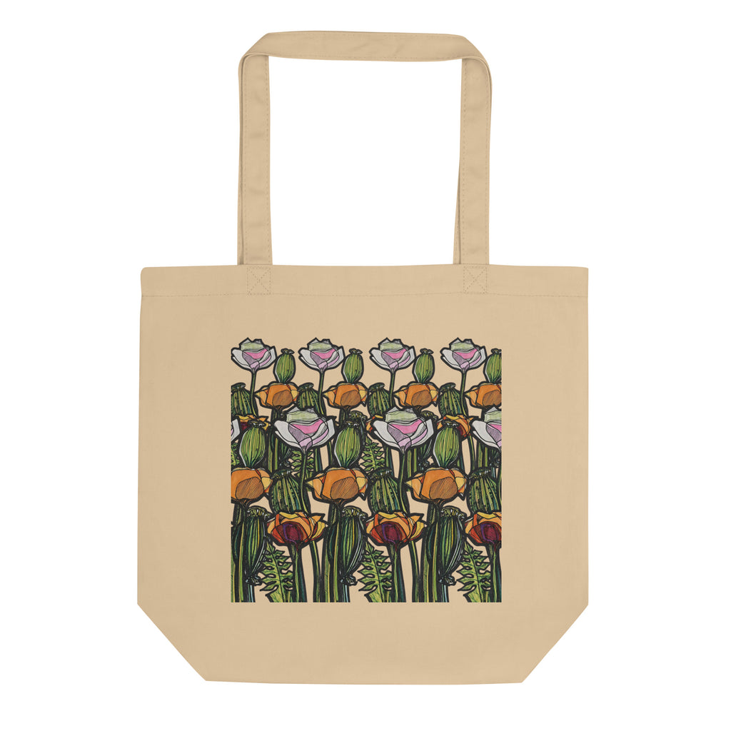 Hand-drawn Wild Poppy organic tote bag — original botanical design, Wild Lines by Atme