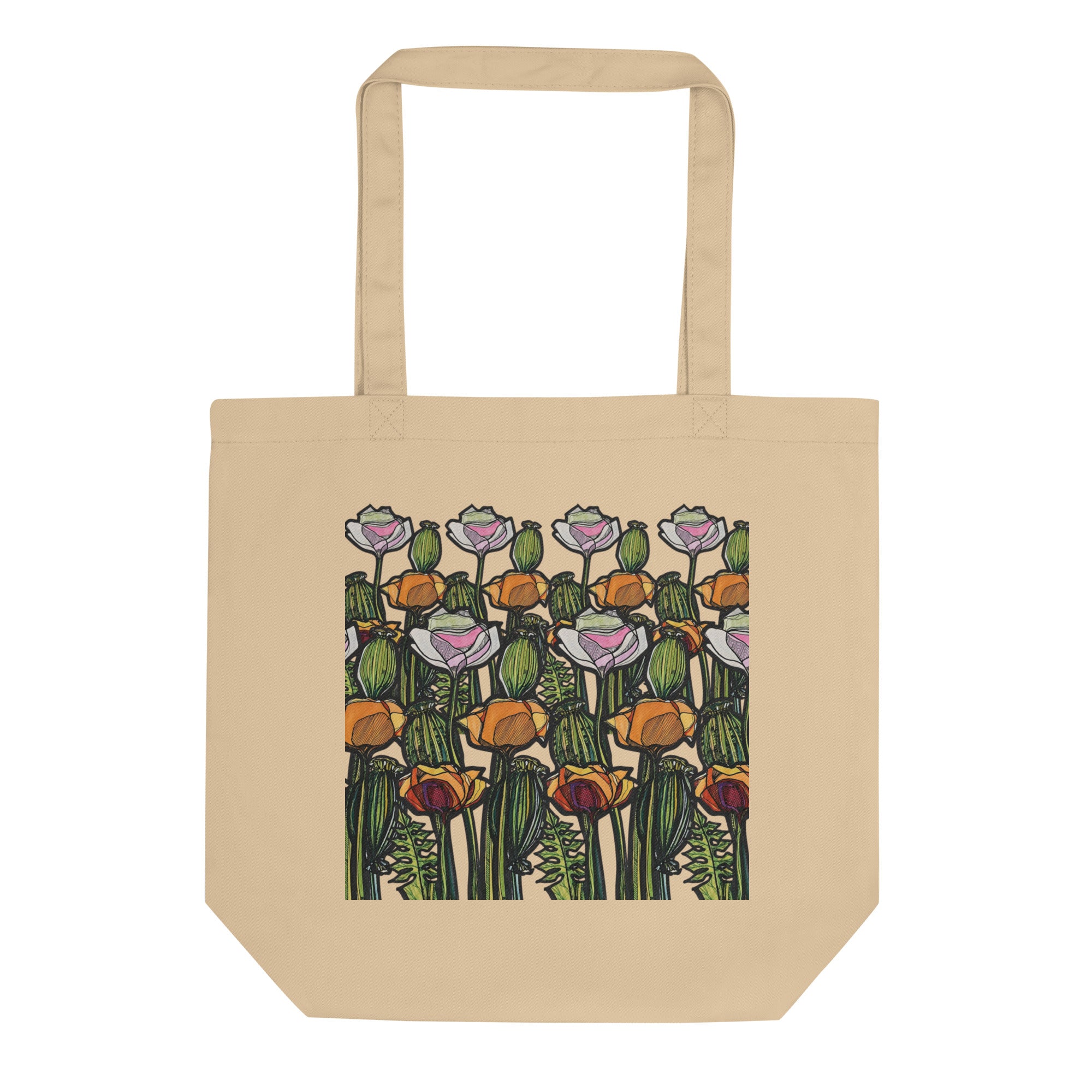 Hand-drawn Wild Poppy organic tote bag — original botanical design, Wild Lines by Atme