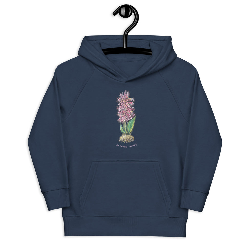 Hand-drawn hyacinth print on kids' hoodie — original art by Atme