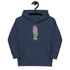 Hand-drawn hyacinth print on kids' hoodie — original art by Atme