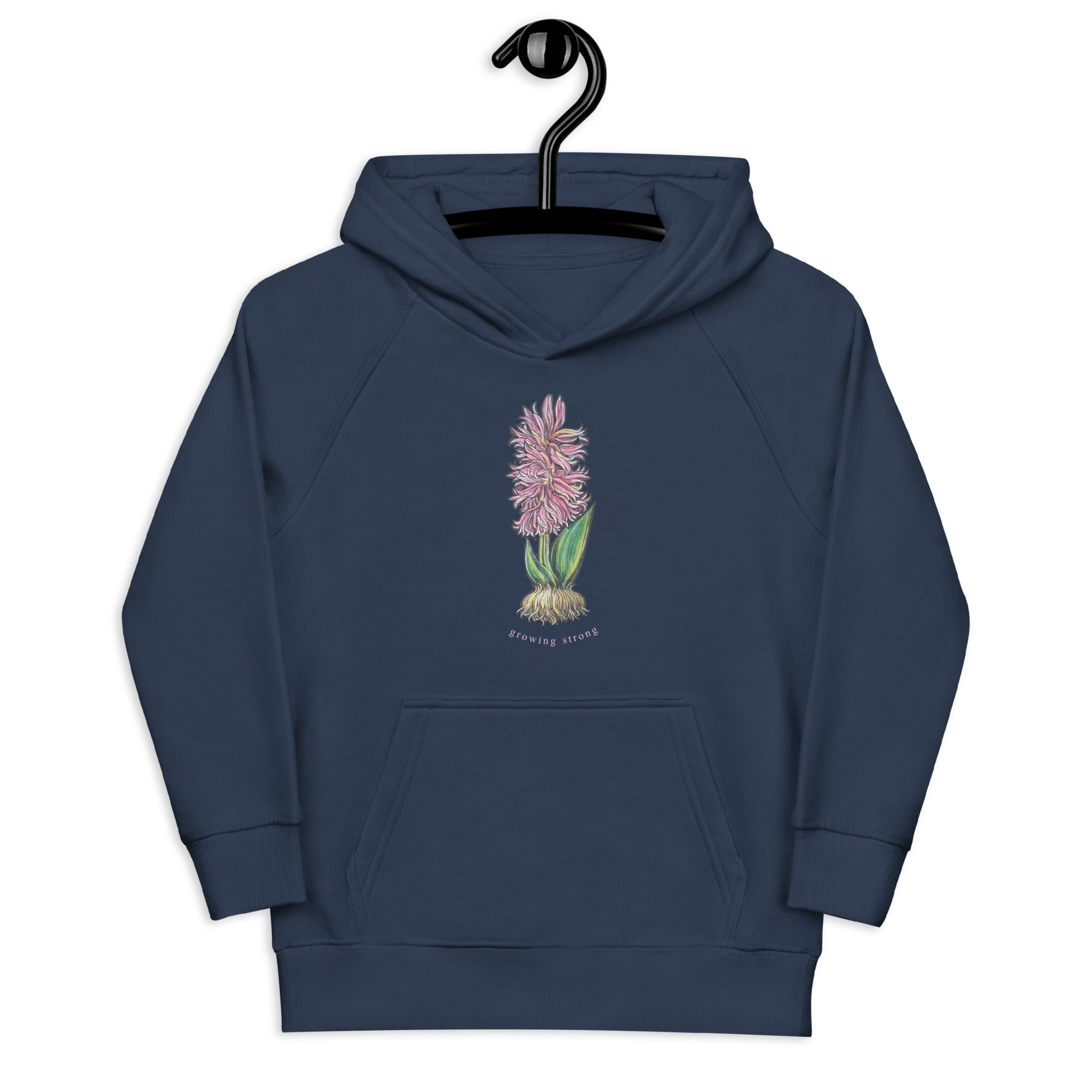 Hand-drawn hyacinth print on kids' hoodie — original art by Atme