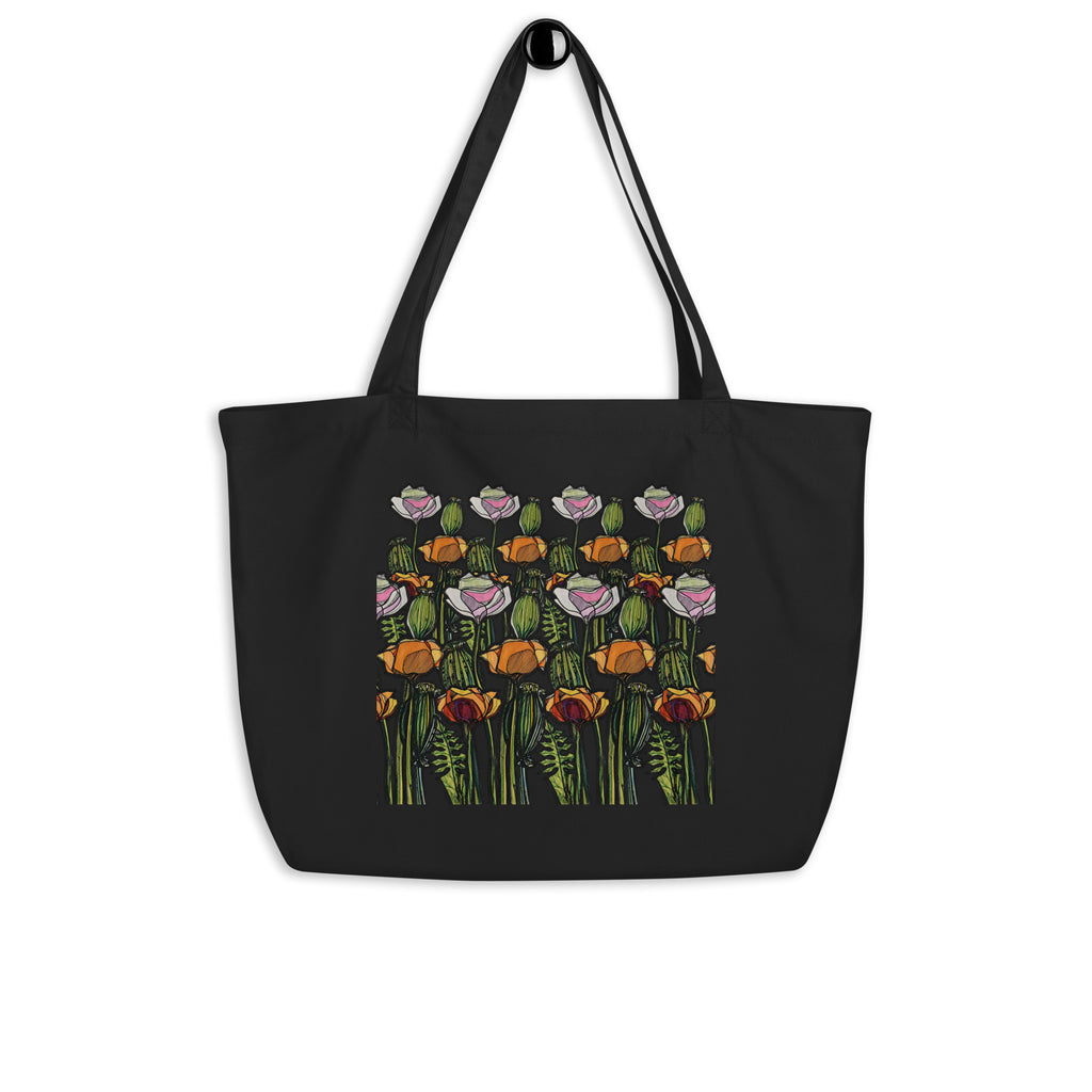 Botanical Wild Poppy large tote bag — artist-drawn illustration, Wild Lines by Atme