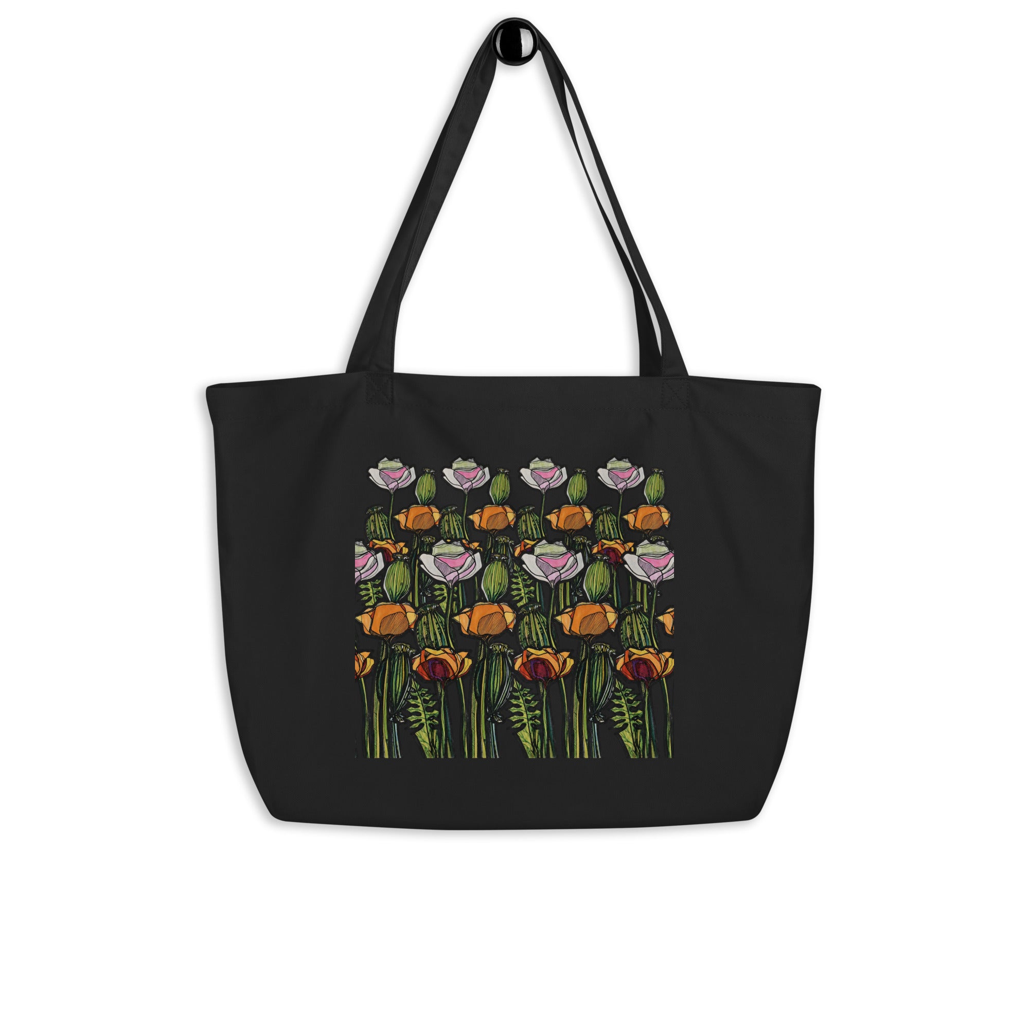 Botanical Wild Poppy large tote bag — artist-drawn illustration, Wild Lines by Atme