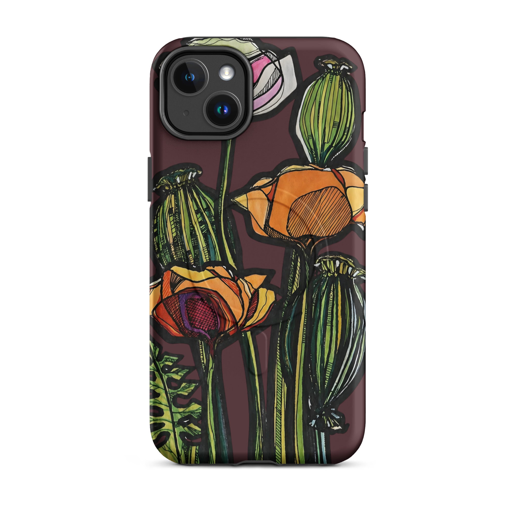 Hand-drawn Wild Poppy print on MagSafe iPhone case — original art by Atme
