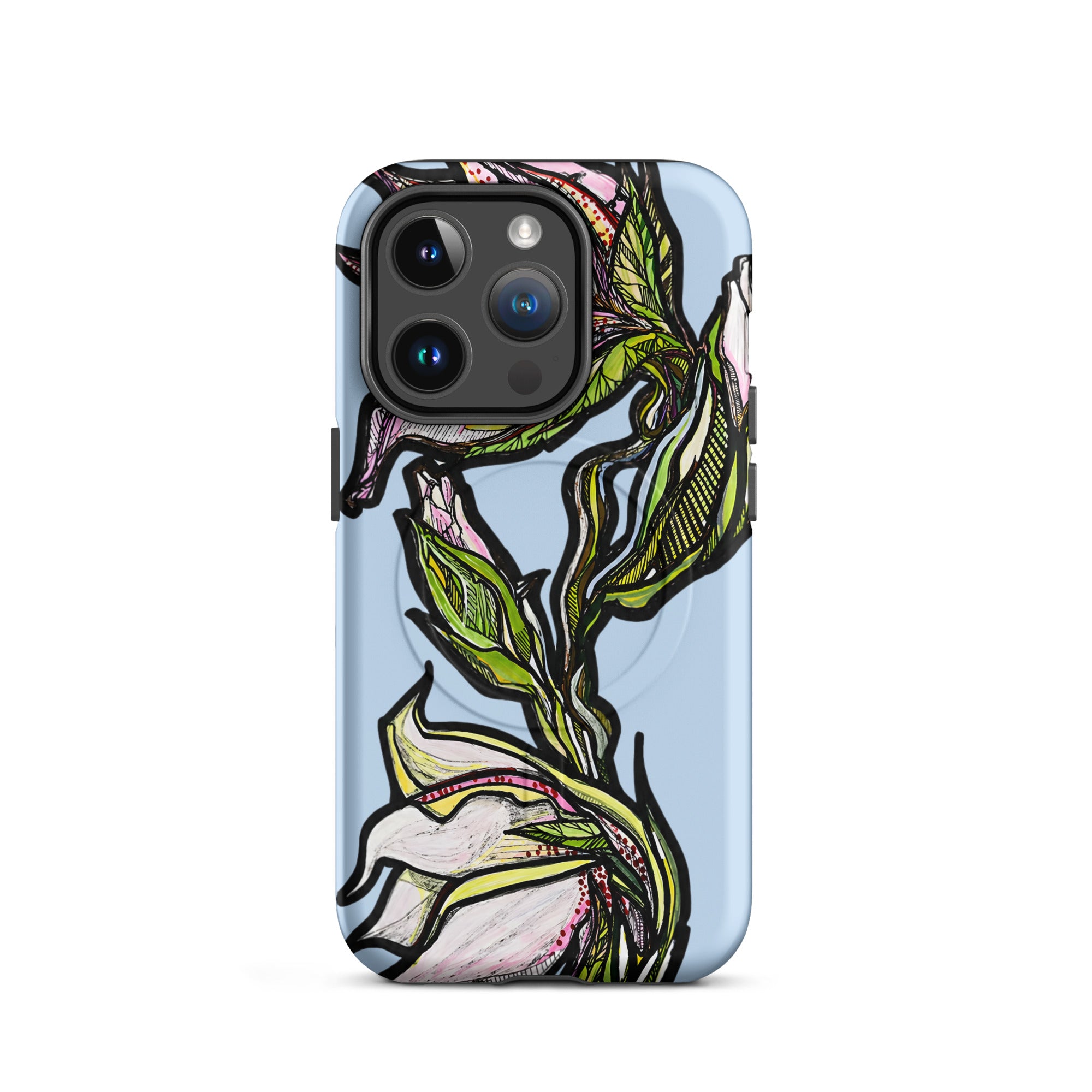 Hand-drawn lily print on MagSafe iPhone case — original art by Atme