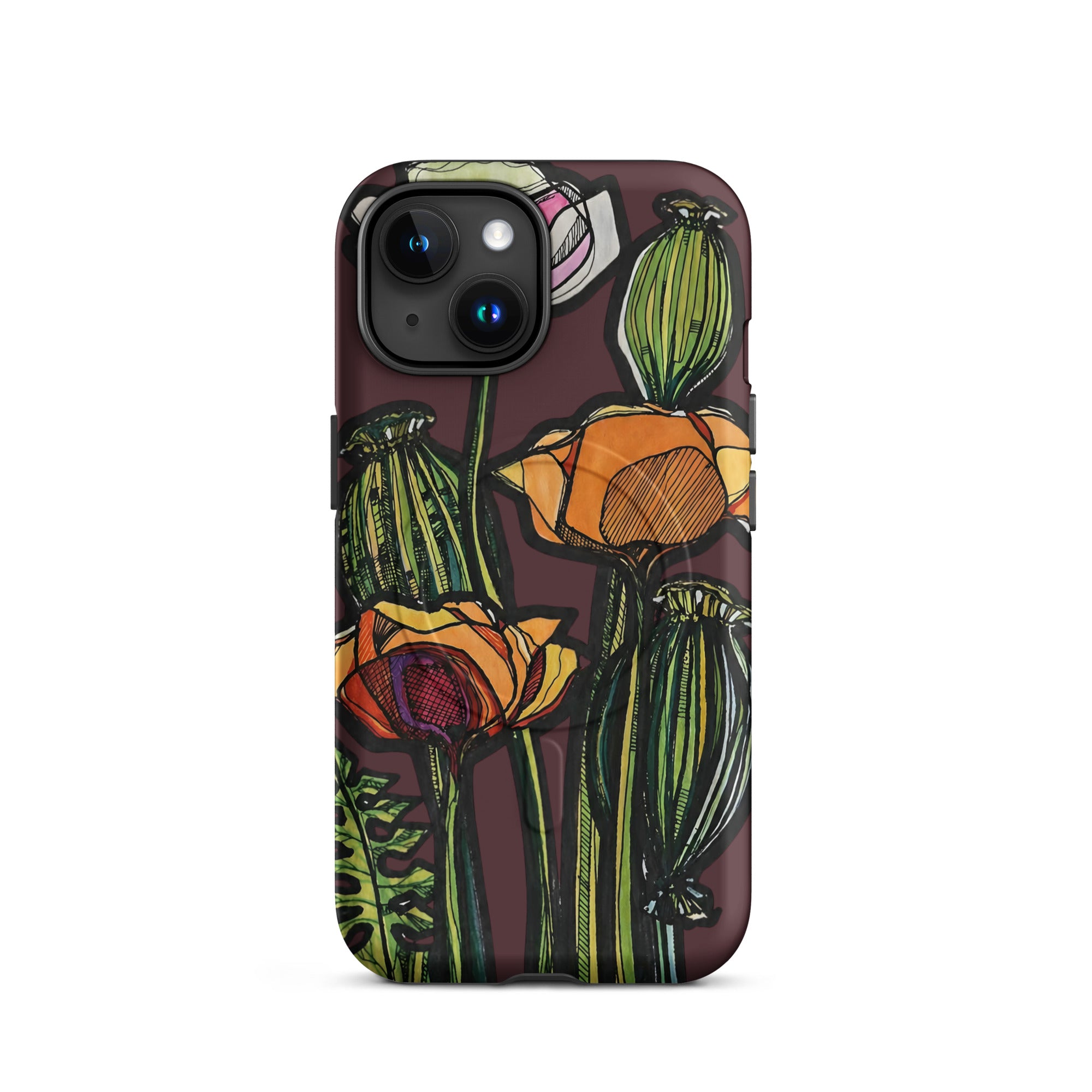 Hand-drawn Wild Poppy print on MagSafe iPhone case — original art by Atme