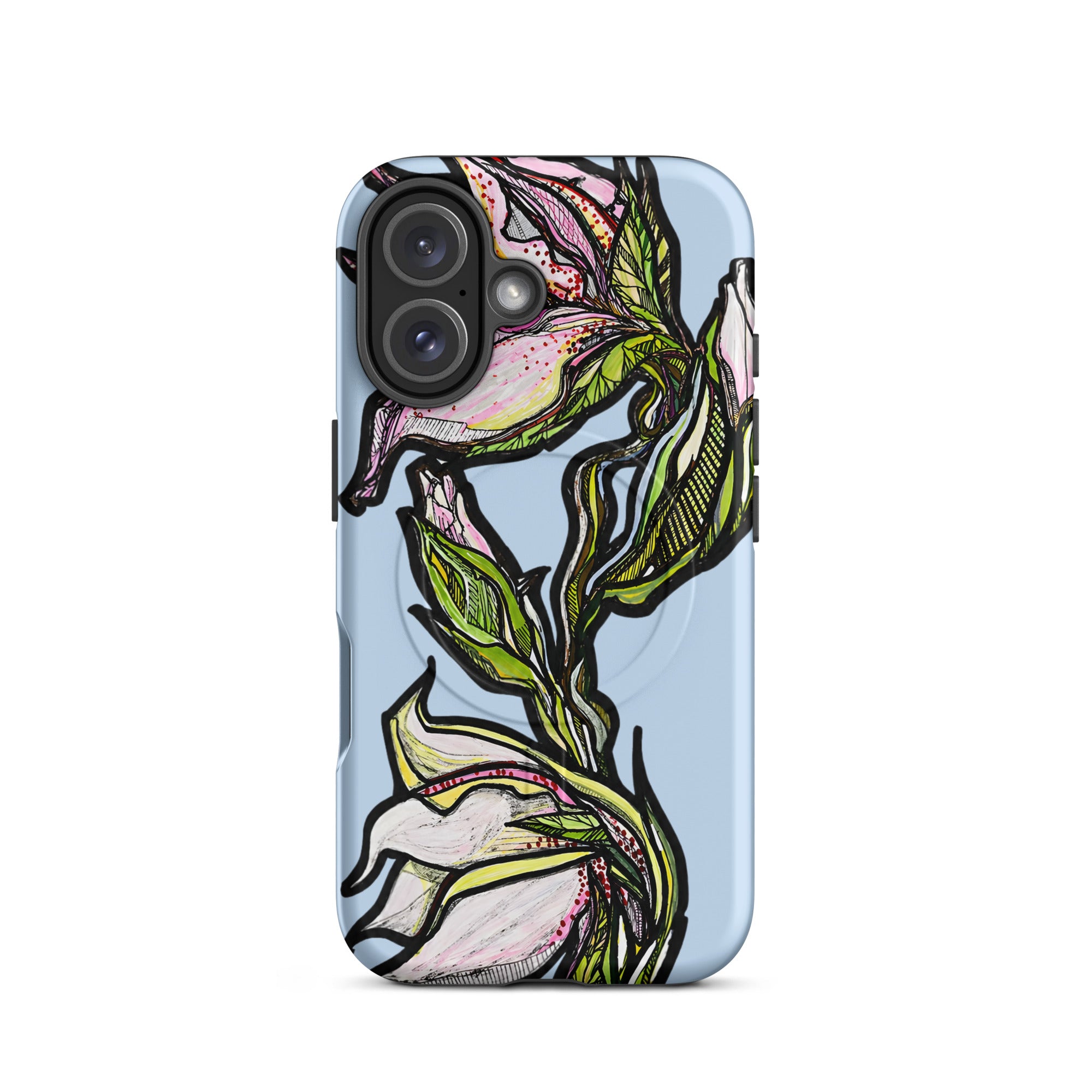 Hand-drawn lily print on MagSafe iPhone case — original art by Atme