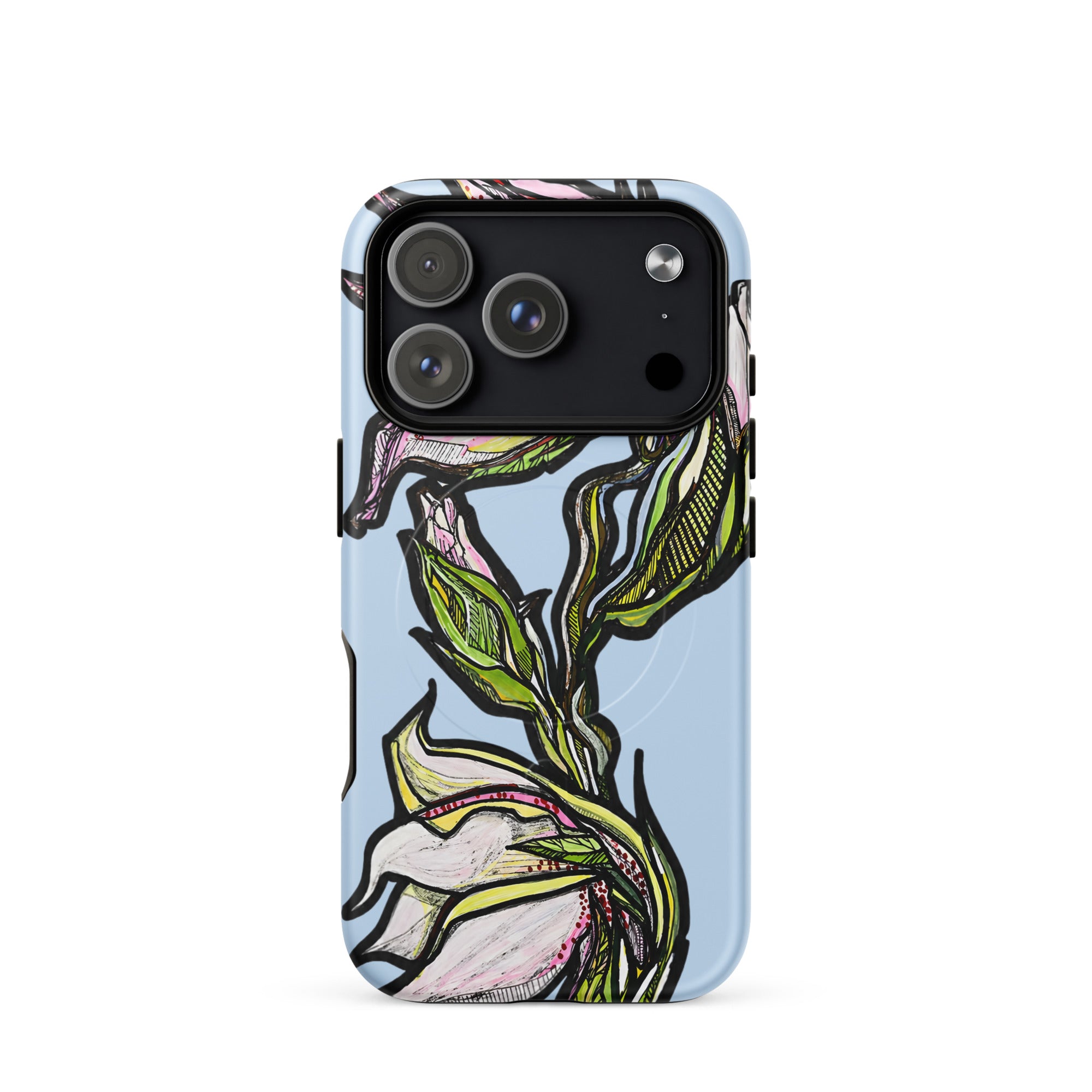 Hand-drawn lily print on MagSafe iPhone case — original art by Atme