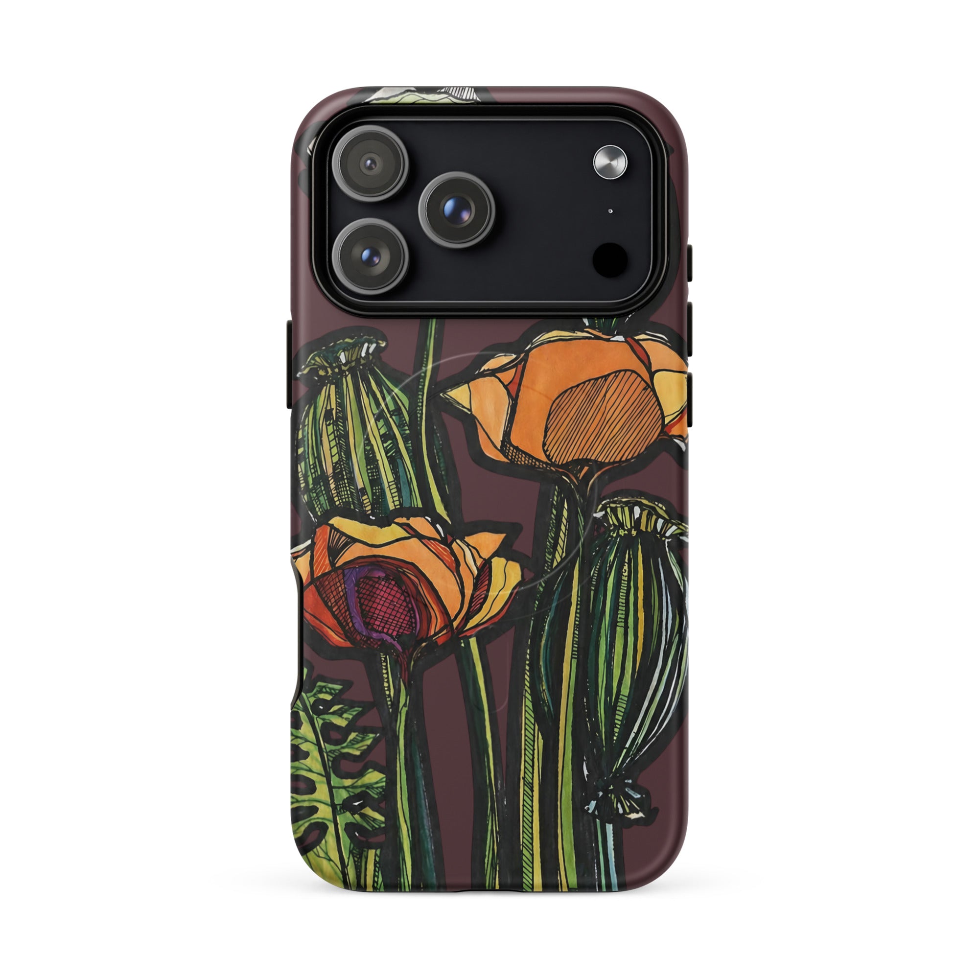 Hand-drawn Wild Poppy print on MagSafe iPhone case — original art by Atme