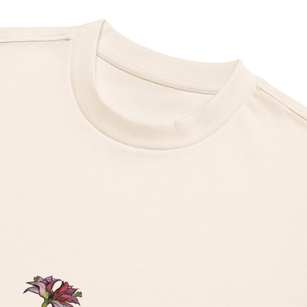 Wild Lines Amaryllis boxy tee detail — bold ink illustration on cotton, Atme