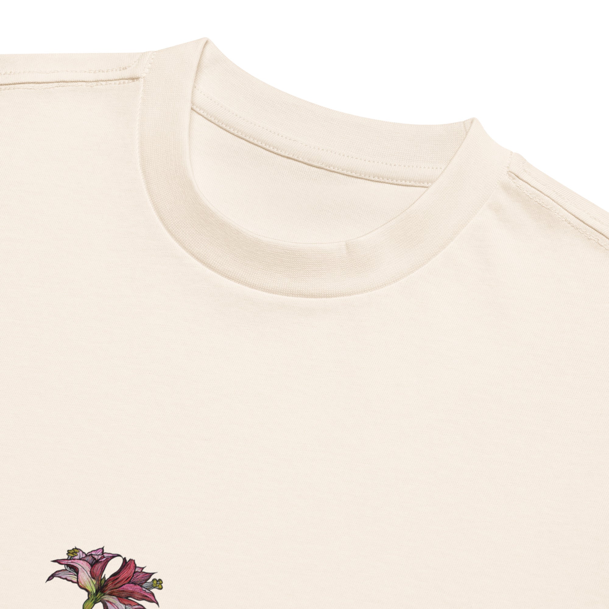 Wild Lines Amaryllis boxy tee detail — bold ink illustration on cotton, Atme