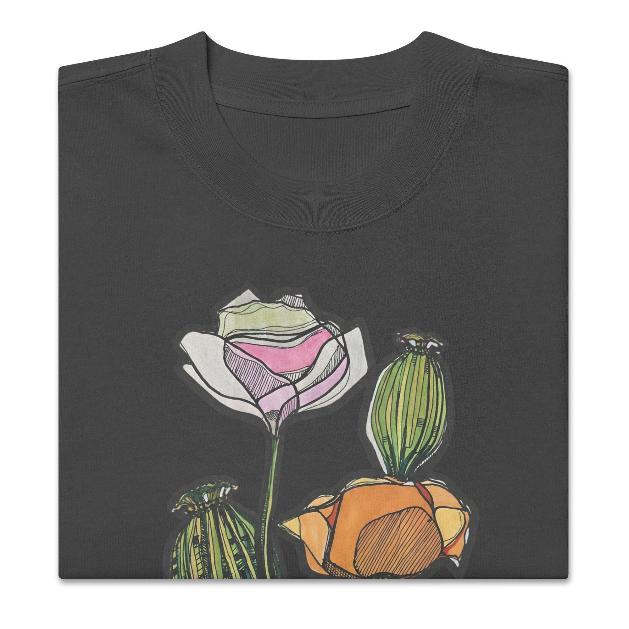 Wild Lines Wild Poppy tee detail — bold ink illustration on faded cotton, Atme