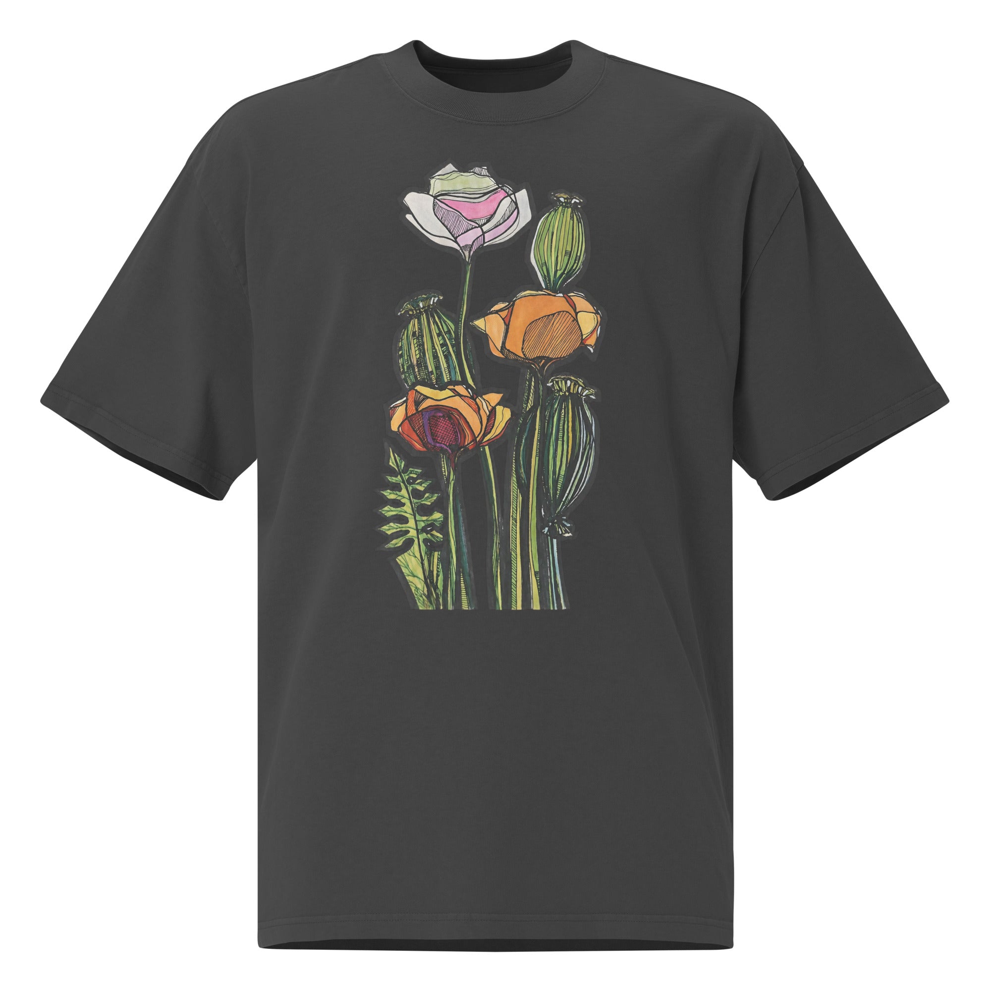 Wild Poppy oversized t-shirt side view — relaxed fit, Wild Lines by Atme