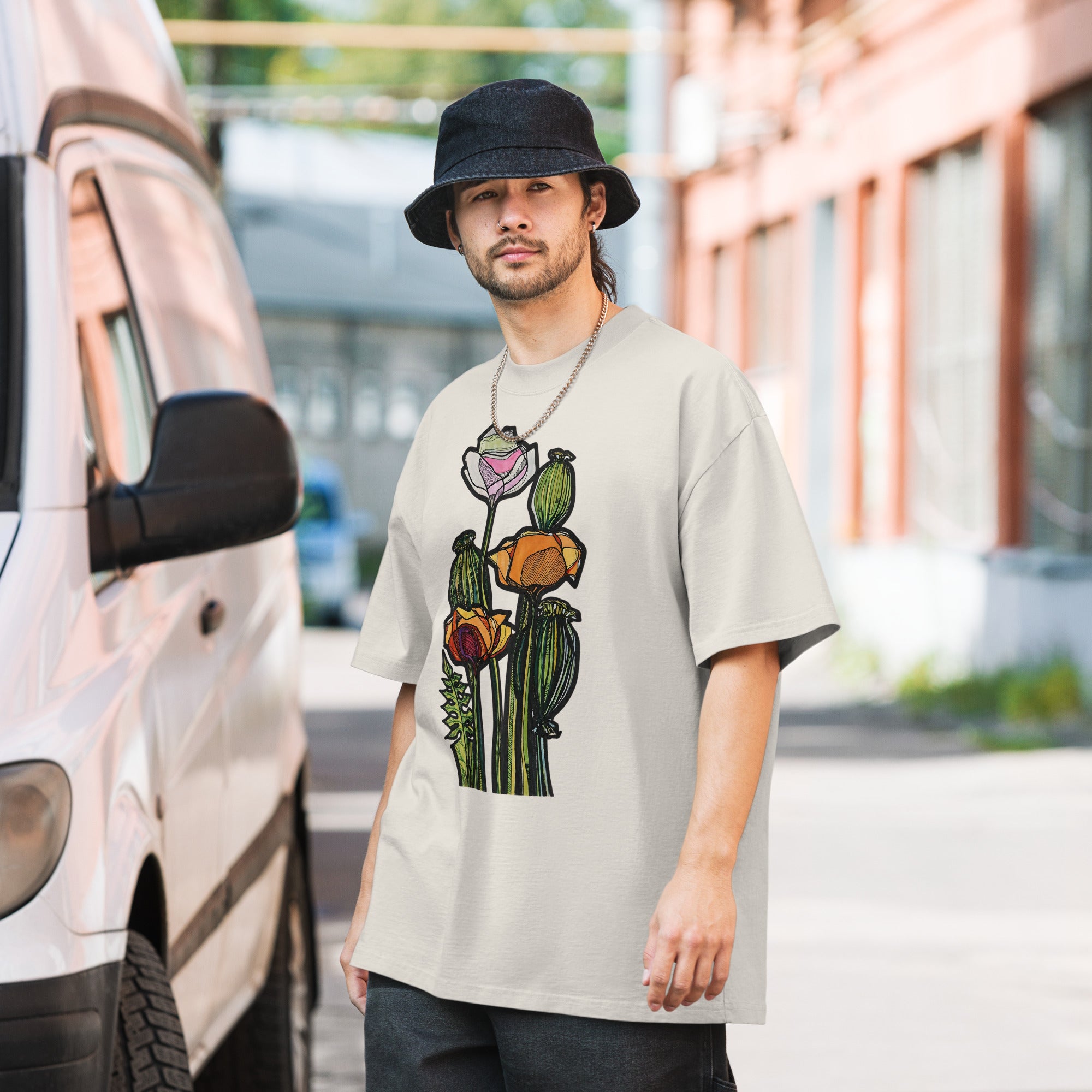 Wild Poppy oversized faded t-shirt — hand-drawn botanical illustration, Wild Lines by Atme