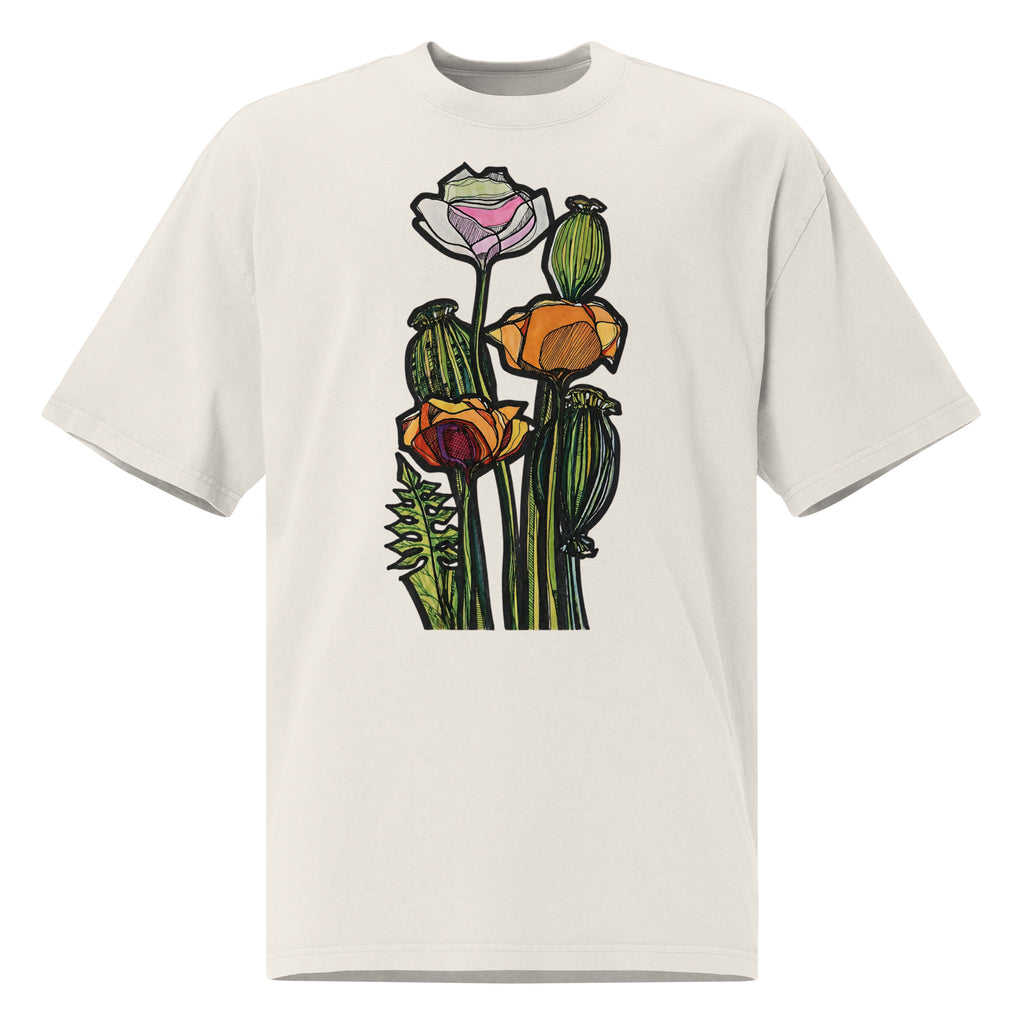 Wild Poppy oversized t-shirt front view — illustrated art clothing, Wild Lines by Atme