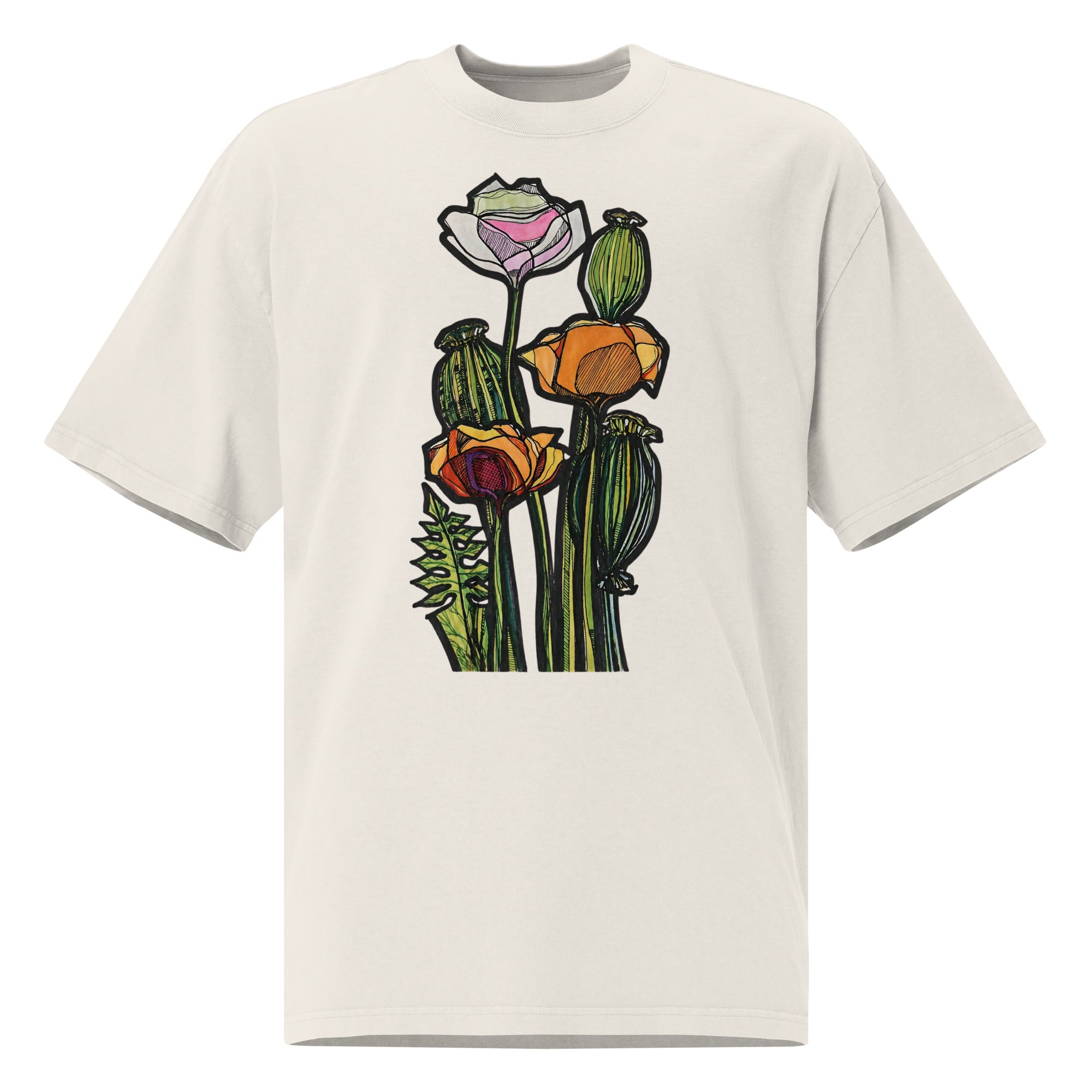 Wild Poppy oversized t-shirt front view — illustrated art clothing, Wild Lines by Atme