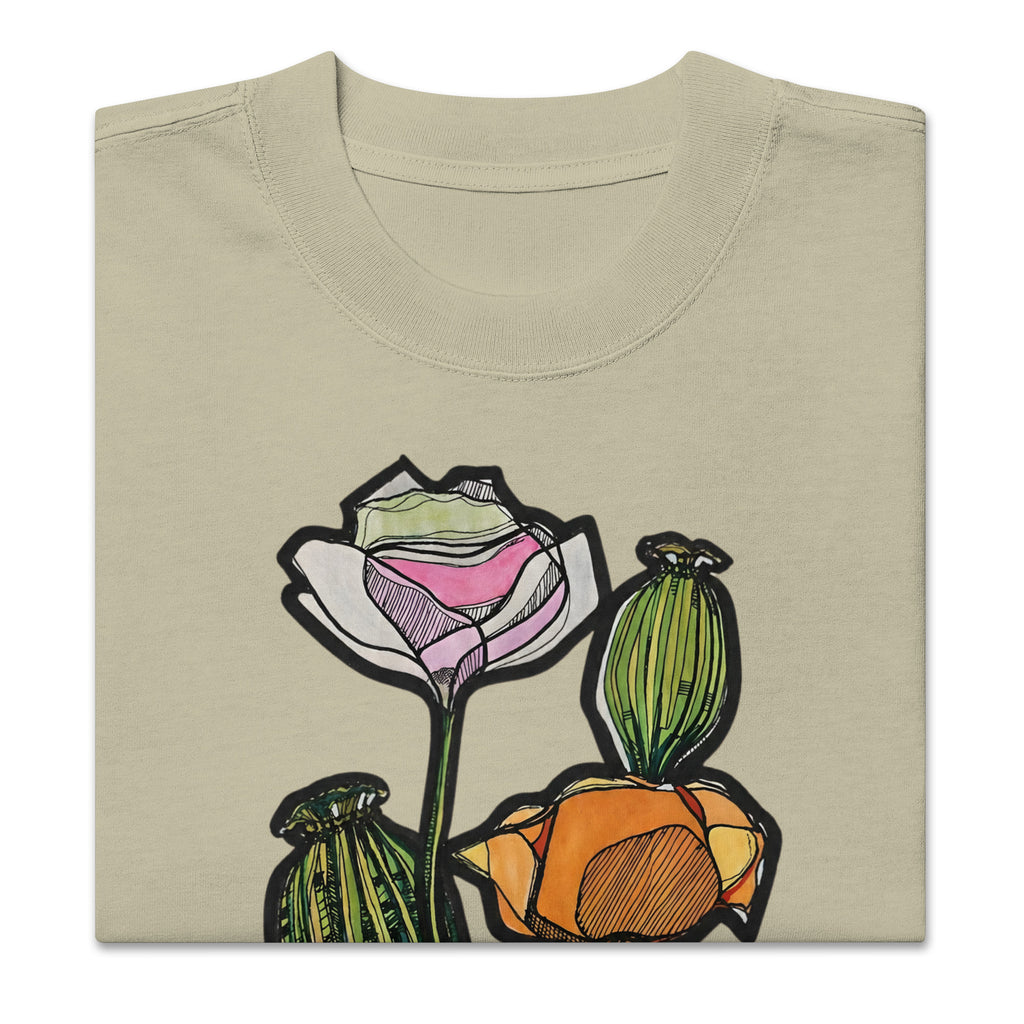 Wild Poppy faded t-shirt close-up — original ink drawing on relaxed-fit cotton, Atme