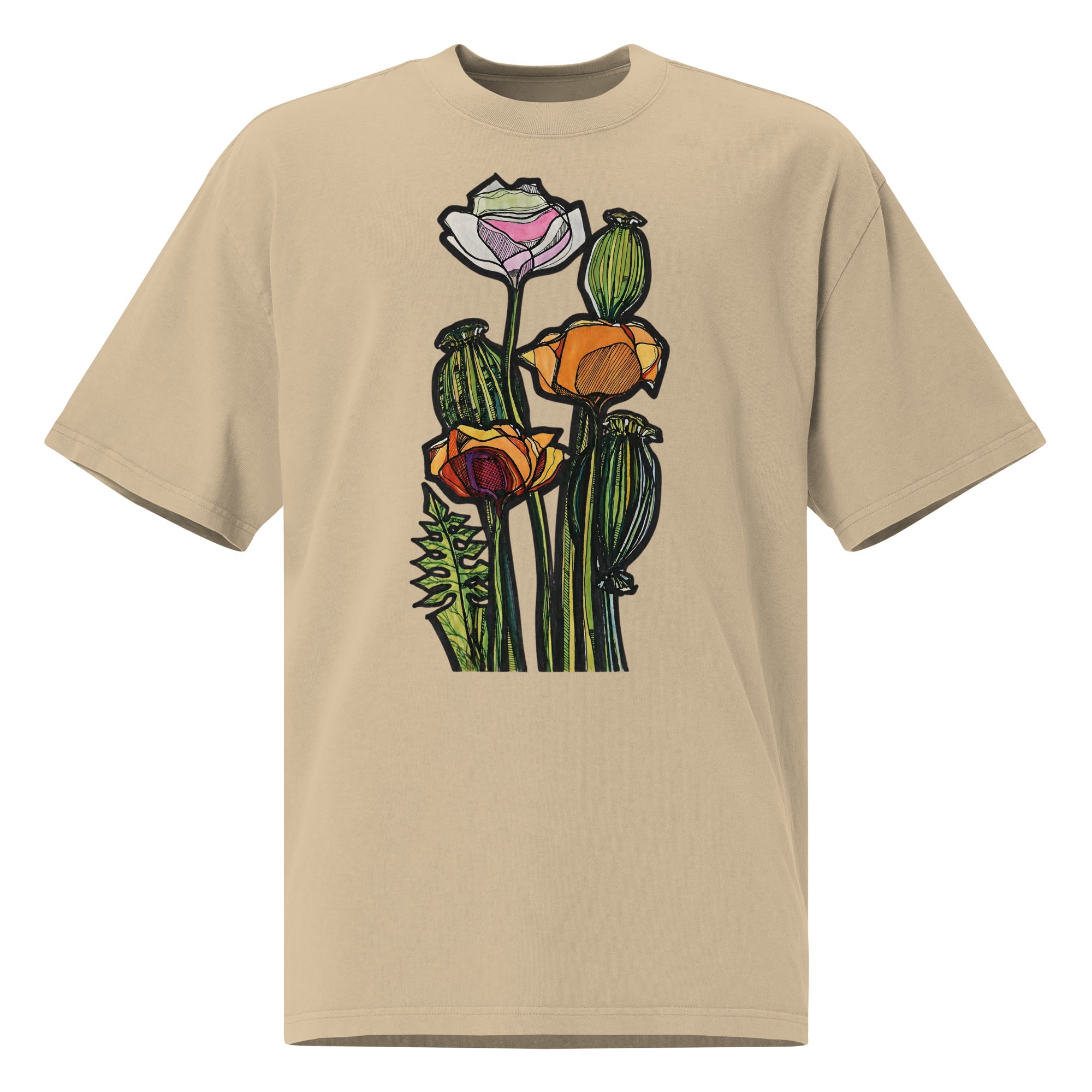 Wild Poppy faded t-shirt back view — hand-drawn botanical print, Wild Lines by Atme