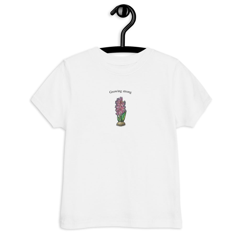 Hand-drawn hyacinth print on kids' t-shirt — original art by Atme