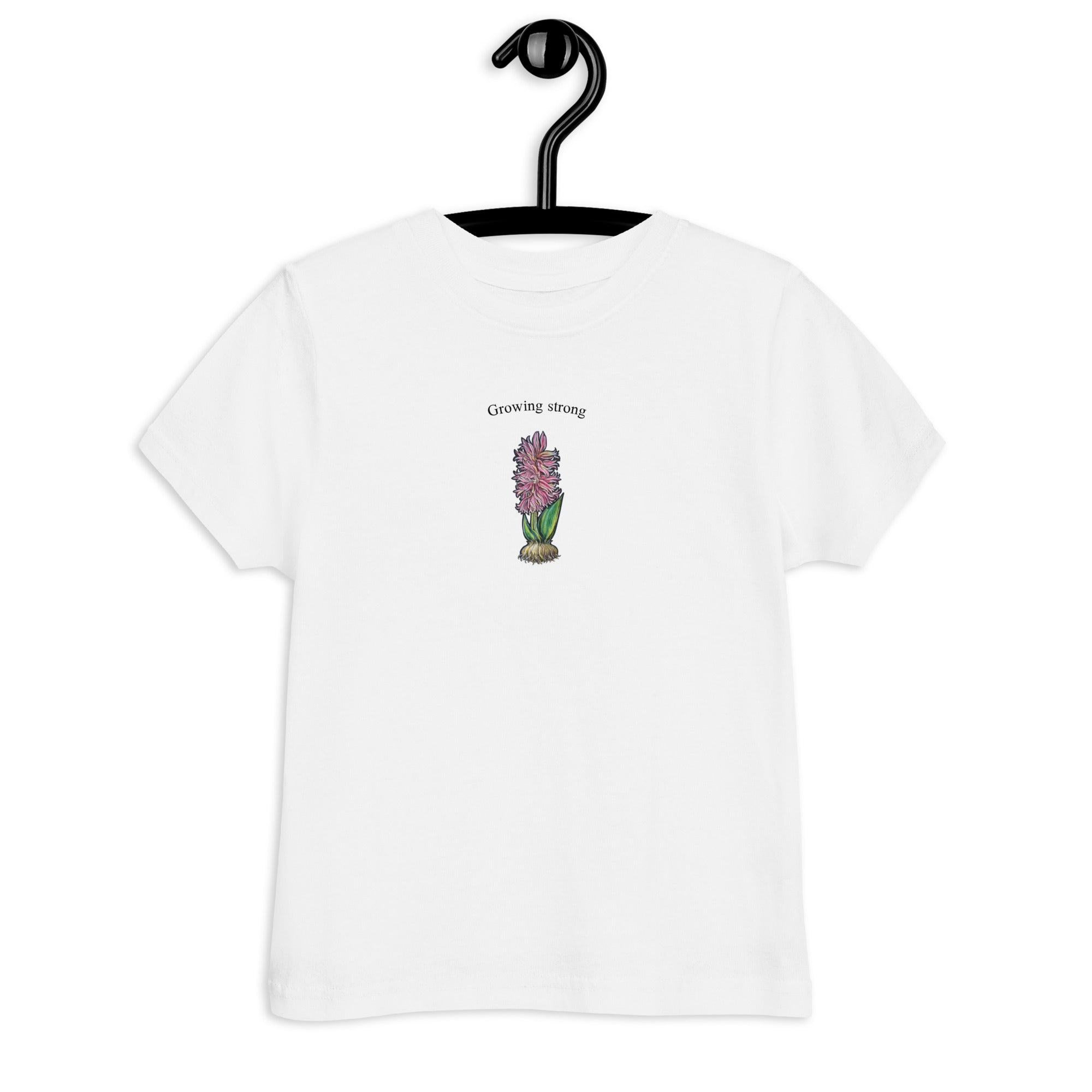 Hand-drawn hyacinth print on kids' t-shirt — original art by Atme