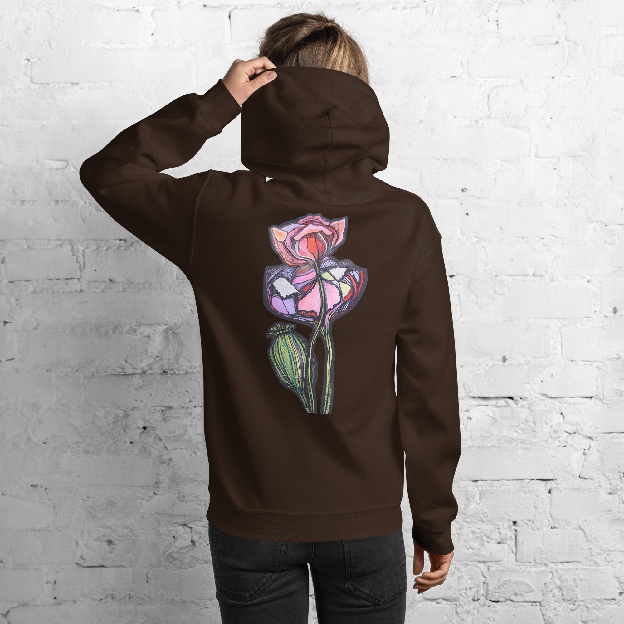 Wild One botanical hoodie front view — illustrated art clothing, Wild Lines by Atme