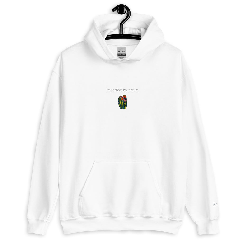 Tulips botanical hoodie front view — illustrated art clothing by Atme