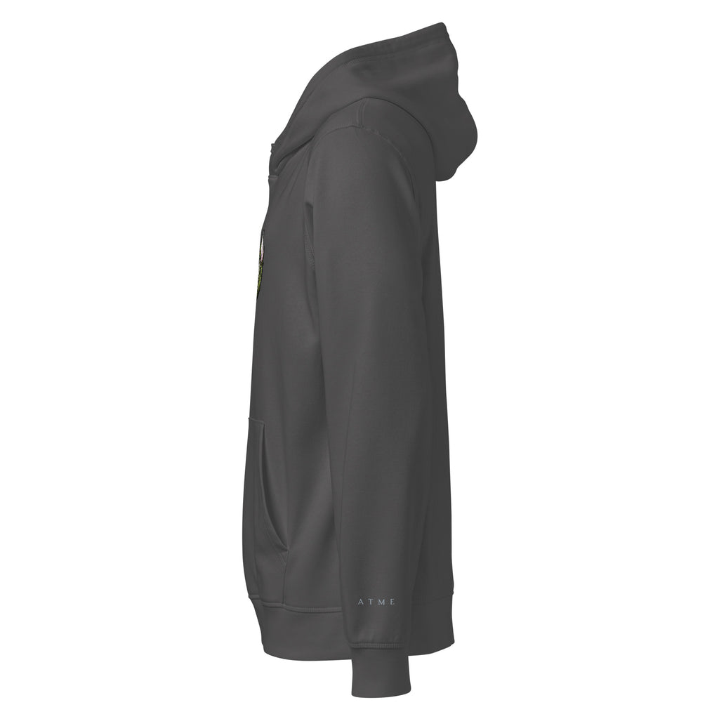 Lily organic mid-weight hoodie close-up — original ink drawing on cotton, Atme