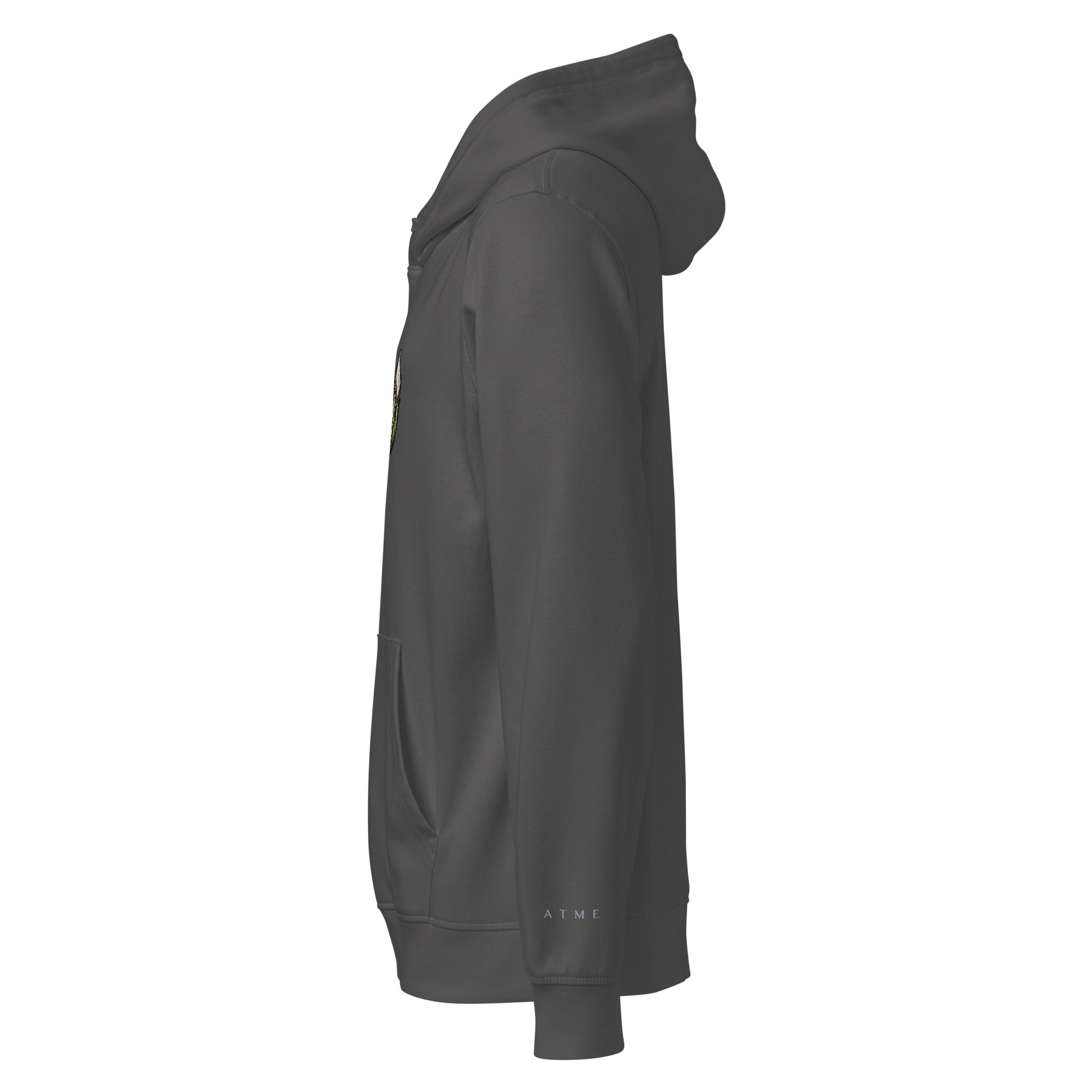 Lily organic mid-weight hoodie close-up — original ink drawing on cotton, Atme