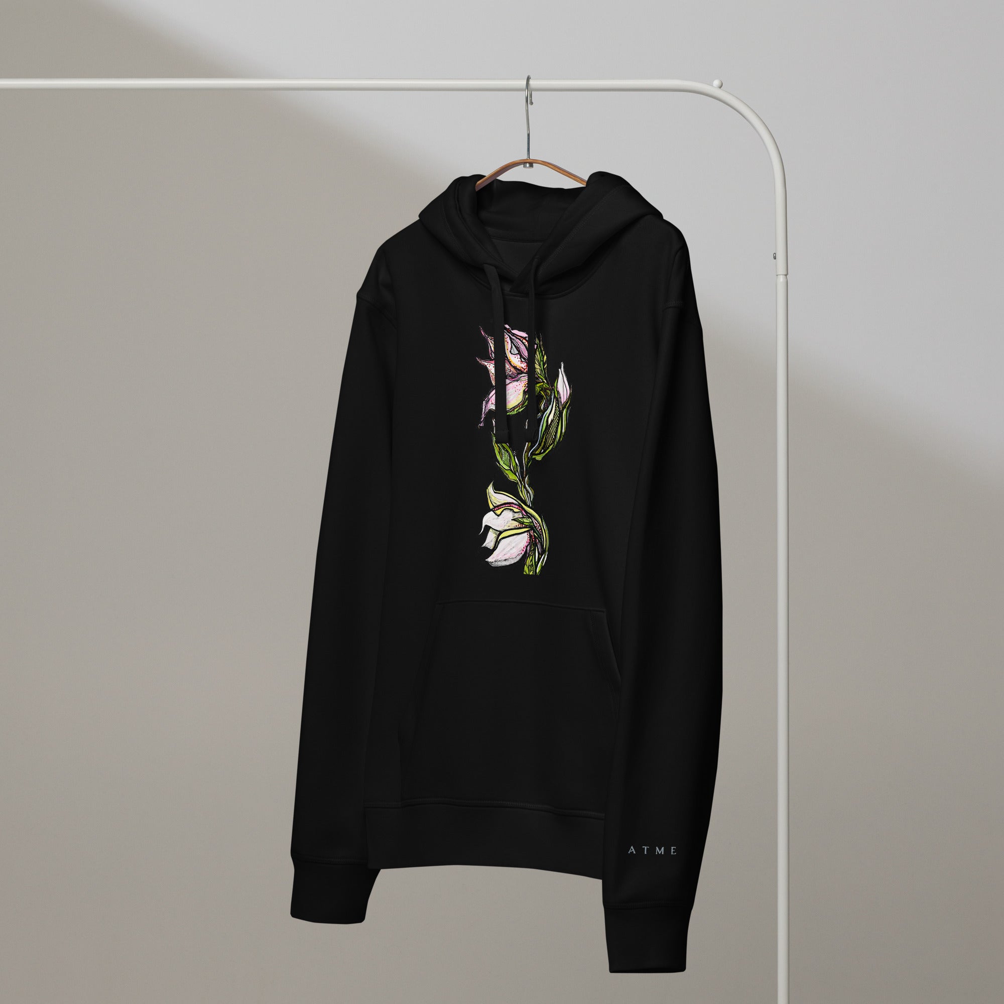 Lily art organic hoodie — hand-drawn botanical print on mid-weight cotton, Atme
