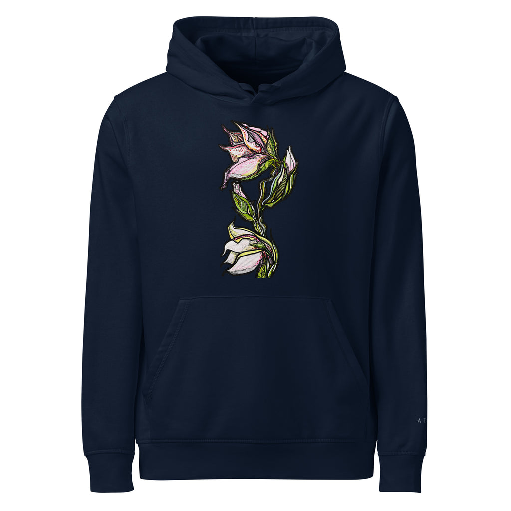 Lily botanical hoodie front view — illustrated art clothing by Atme