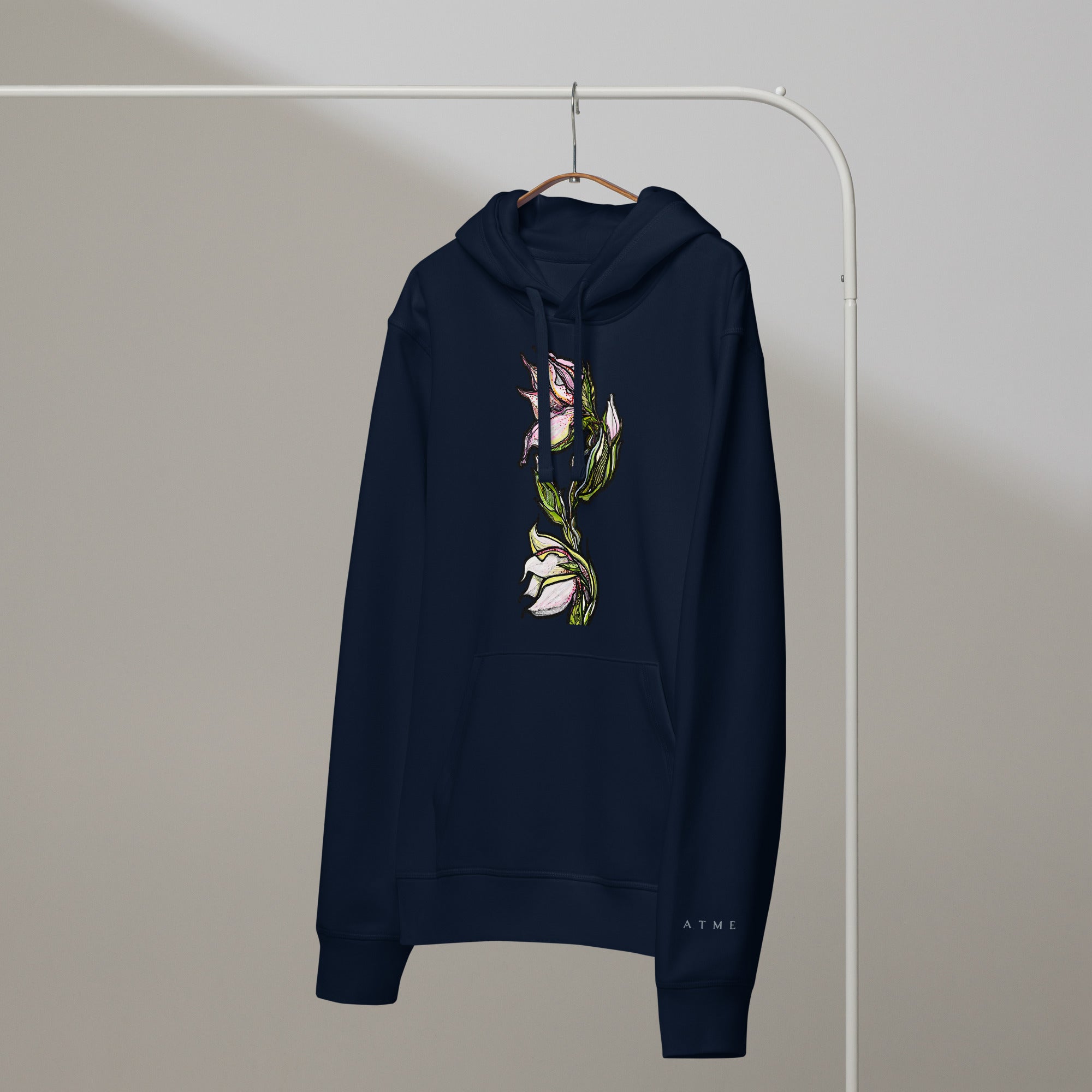Hand-drawn Lily organic hoodie — original botanical design, Wild Lines by Atme