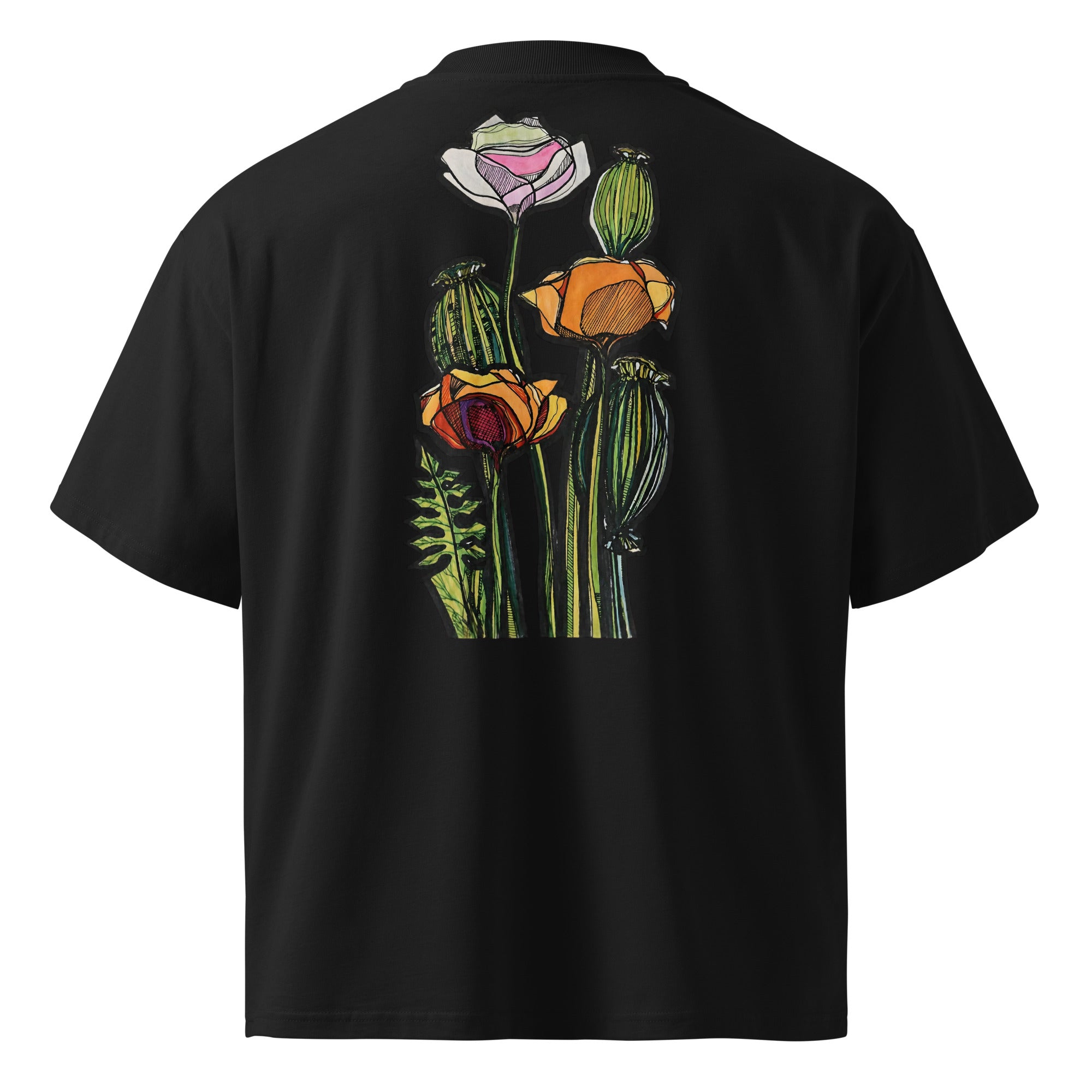 Wild Poppy high neck t-shirt side view — oversized organic fit, Wild Lines by Atme