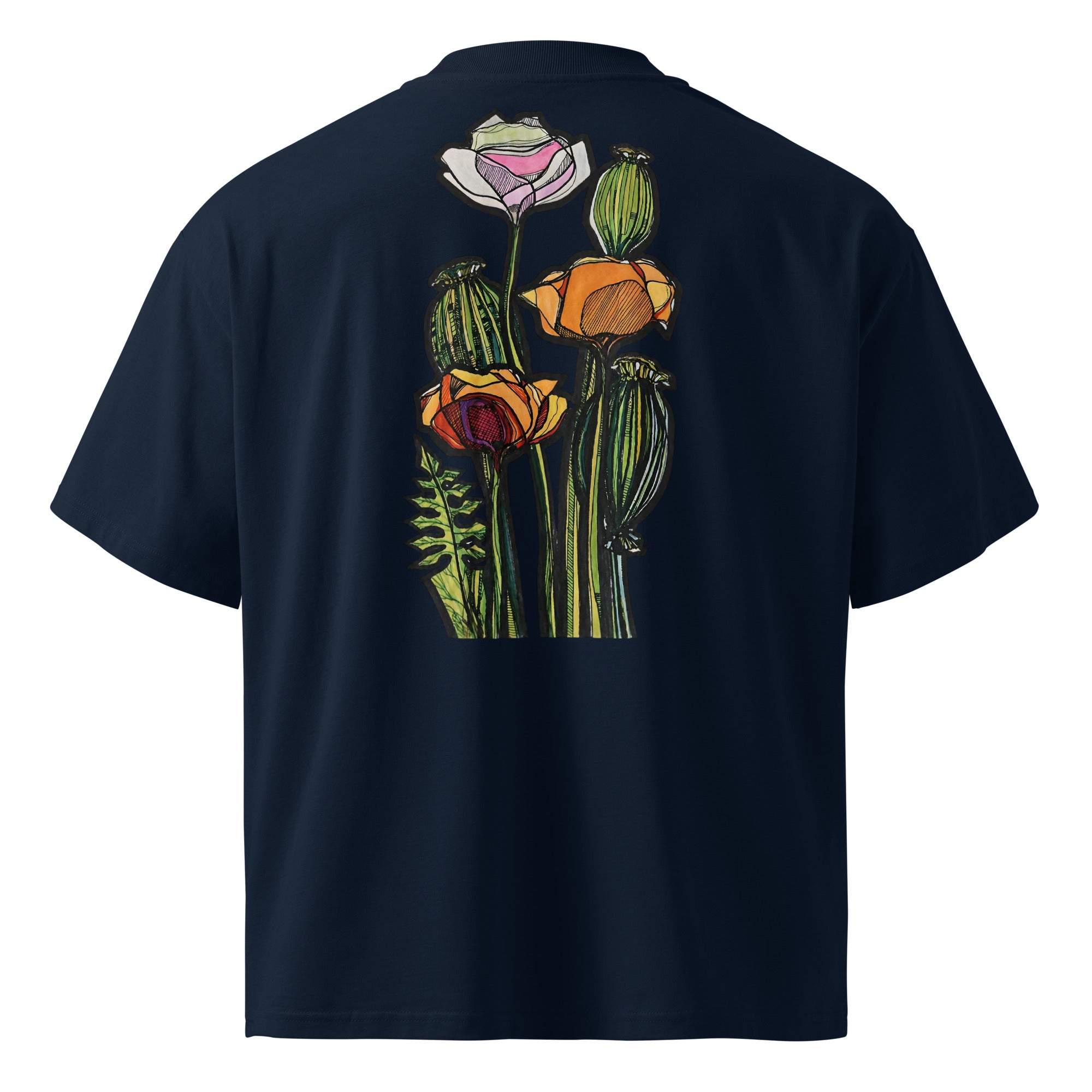 Wild Lines Wild Poppy organic high neck tee — bold floral art, Atme