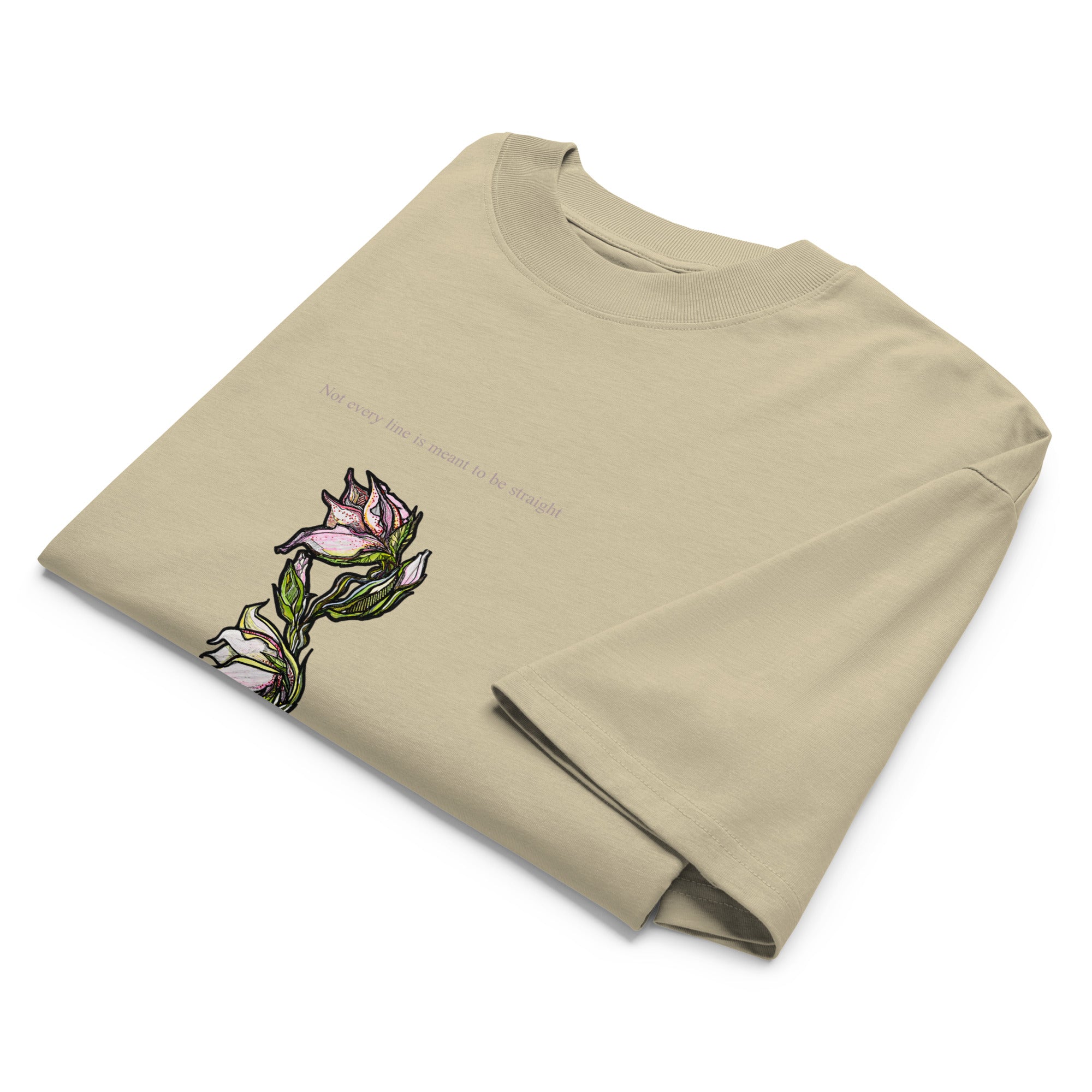 Wild Lines Lily tee detail — bold ink illustration on organic oversized cut, Atme