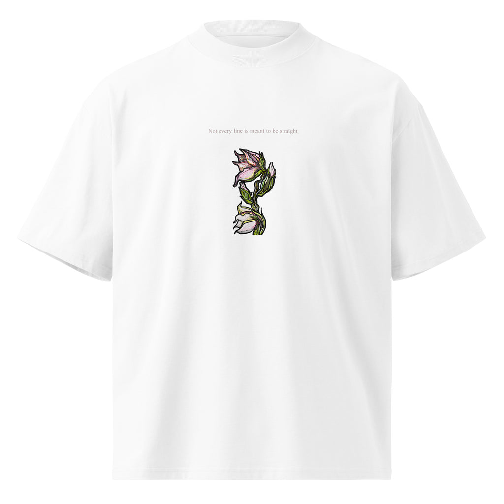 Lily oversized t-shirt close-up — original ink drawing on organic cotton, Atme