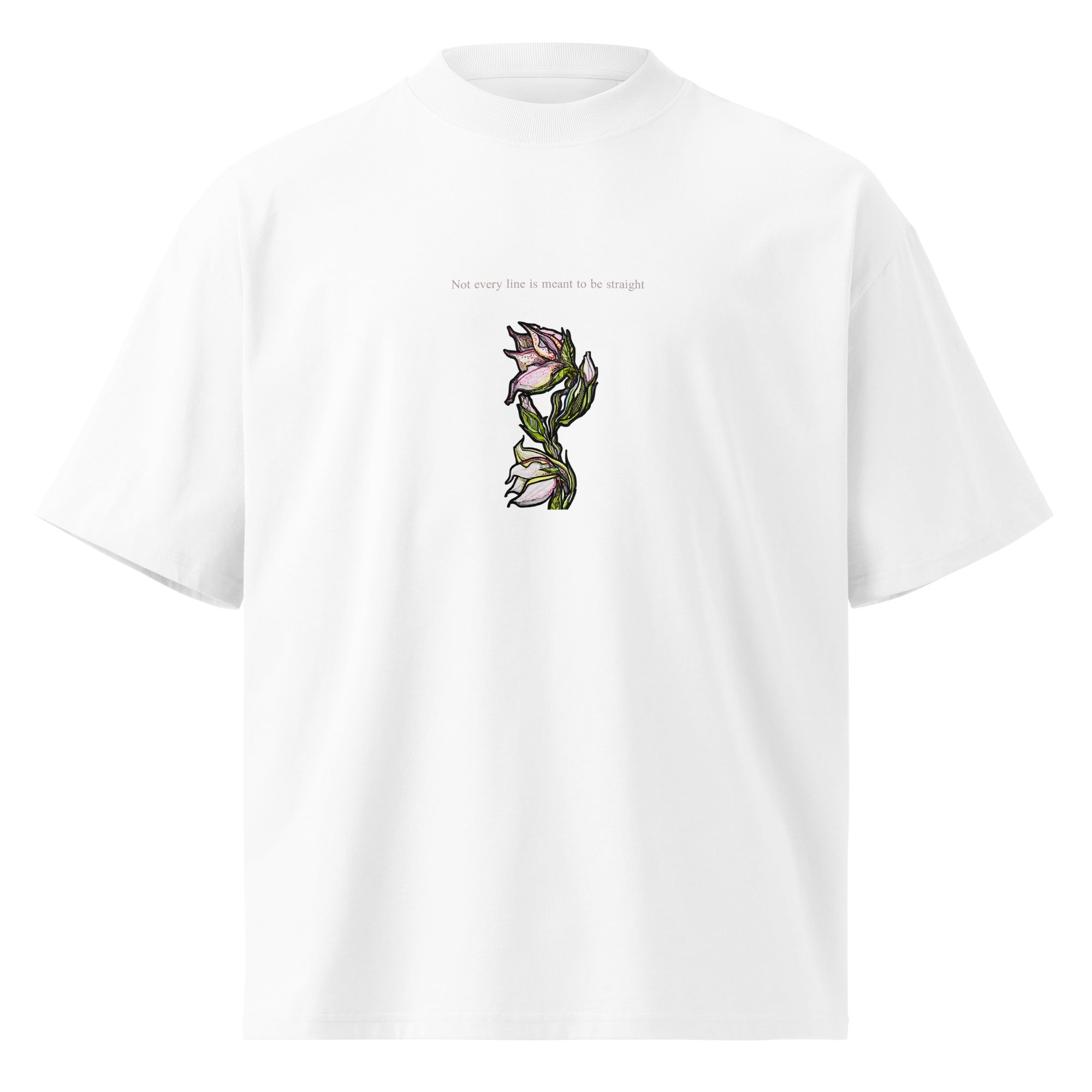 Lily oversized t-shirt close-up — original ink drawing on organic cotton, Atme