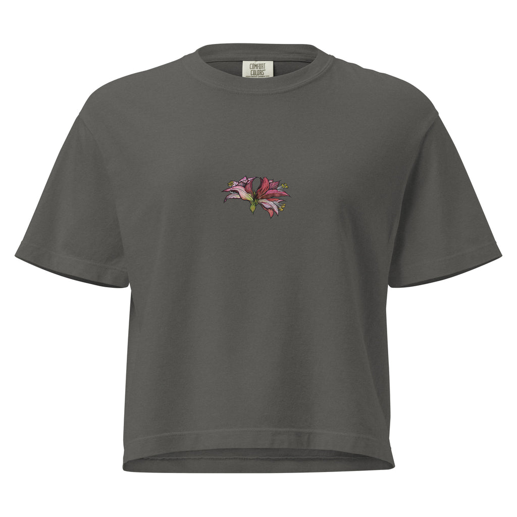 Amaryllis heavyweight tee back view — hand-drawn botanical print, Wild Lines by Atme