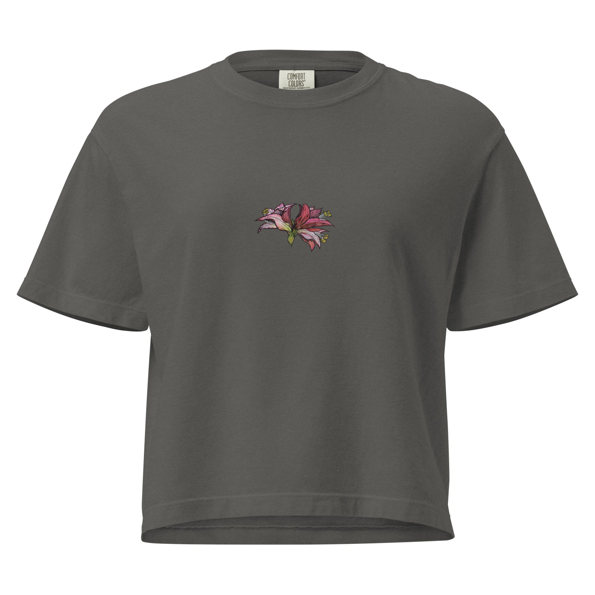 Amaryllis heavyweight tee back view — hand-drawn botanical print, Wild Lines by Atme