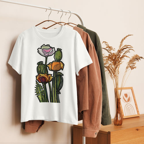 Wild Poppy organic off-white women's t-shirt — hand-drawn illustration by Atme